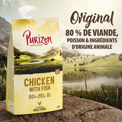 Purizon Chicken with Fish pour chiens adultes, 12 kg. Texte visible : Original, 80 % de viande, poisson & ingrédients d'origine animale, 80 % – 20 % – 0 %.