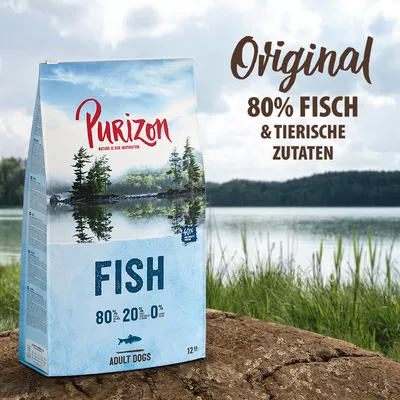 Purizon Original Adult Dogs Trockenfutter mit Fisch, 80% Fisch & tierische Zutaten, 20% Gemüse, 0% Getreide. Packungsgrösse: 12kg.