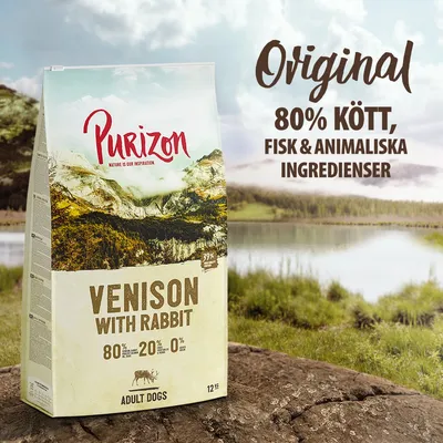 Purizon Venison with Rabbit Adult Dogs 12 kg. Original, 80 % kött, fisk & animaliska ingredienser. 80 % animaliskt, 20 % grönsaker, 0 % spannmål synligt på förpackning och bildtext.