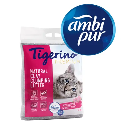 Areia aglomerante Tigerino Premium Natural Clay, aroma Blossom & Breeze, 12 kg. Texto visível: controlo de odores, baixa emissão de pó, fragrância Febreze, marca Ambi Pur.