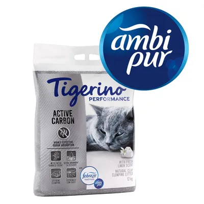Areia aglomerante para gatos Tigerino Performance Active Carbon, 12 kg, com carvão ativo, aroma a linho fresco, logótipos Febreze freshness e ambi pur visíveis na embalagem.