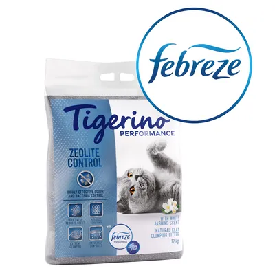 Tigerino Performance Zeolite Control kattegrus med Febreze duft, 12 kg. Tekst: Highly effective odour and bacteria control, with white jasmine scent, natural clay clumping litter. Tigerino Performance Zeolite Control kattegrus med Febreze duft, 12 kg. Tekst: Highly effective odour and bacteria control, with white jasmine scent, natural clay clumping litter.