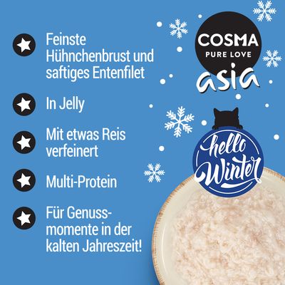 Cosma Asia. Feine Hühnchenbrust und saftiges Entenfilet in Jelly, mit etwas Reis verfeinert. Multi-Protein. Für Genussmomente in der kalten Jahreszeit! Hello Winter.