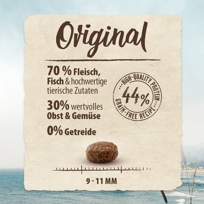Original Rezept: 70% Fleisch, Fisch und tierische Zutaten, 30% Obst und Gemüse, 0% Getreide. High-Quality Protein 44%. Grösse der Stücke: 9-11 mm.