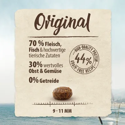 Original Rezept: 70% Fleisch, Fisch und tierische Zutaten, 30% Obst und Gemüse, 0% Getreide. High-Quality Protein 44%. Grösse der Stücke: 9-11 mm.
