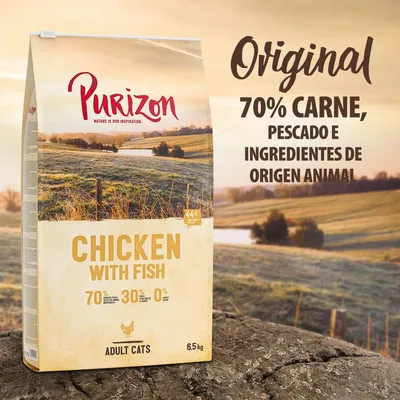 Purizon Chicken with Fish para gatos adultos, 6,5 kg. Original: 70 % carne, pescado e ingredientes de origen animal, 30 % frutas y verduras, 0 % cereales.
