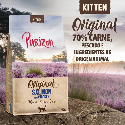 Purizon Kitten Original Salmon with Chicken, 70 % carne, pescado e ingredientes de origen animal, 6,5 kg. 70 % carne y pescado, 30 % fruta y verdura, 0 % cereales. Purizon Kitten Original Salmon with Chicken, 70 % carne, pescado e ingredientes de origen animal, 6,5 kg. 70 % carne y pescado, 30 % fruta y verdura, 0 % cereales.