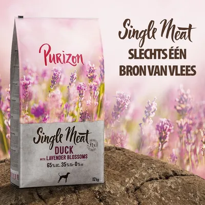 Purizon Single Meat Duck with Lavender Blossoms hondenvoer, 12 kg. Slechts één bron van vlees. 65% eend, 35% groenten & fruit, 0% granen. Single Meat – DUCK with LAVENDER BLOSSOMS.