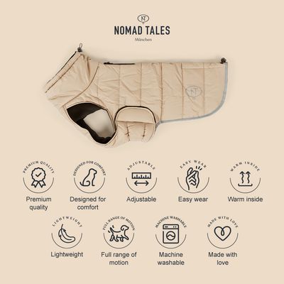 Nomad Tales München hondenjas. Kenmerken: premiumkwaliteit, comfortabel design, verstelbaar, makkelijk aan te trekken, warm gevoerd, licht, volledige bewegingsvrijheid, machinewasbaar, zorgvuldig gemaakt.