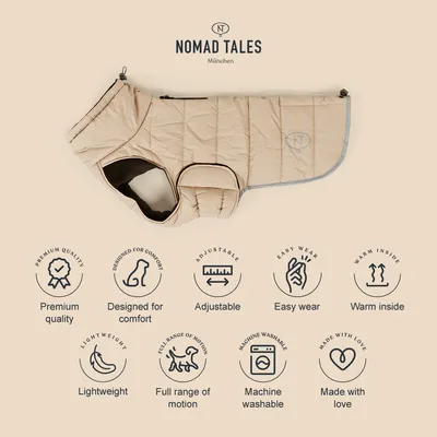 Nomad Tales München Hundemantel. Eigenschaften: Premiumqualität, Komfortdesign, verstellbar, leicht anzuziehen, warm gefüttert, leicht, volle Bewegungsfreiheit, maschinenwaschbar, liebevoll hergestellt.