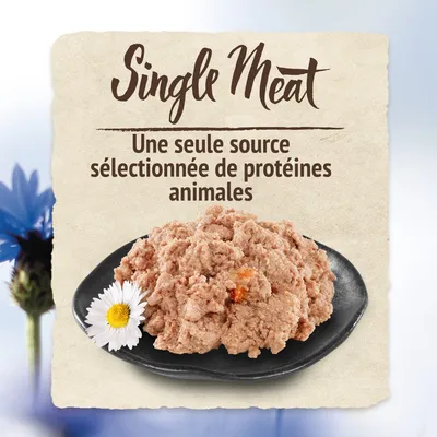 Single Meat. Une seule source sélectionnée de protéines animales, pâtée servie sur une assiette noire avec une fleur blanche à côté.