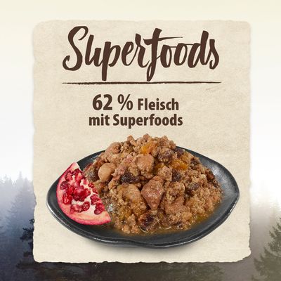 Superfoods. 62 % Fleisch mit Superfoods, dargestellt auf einem Teller mit Granatapfelstücken.