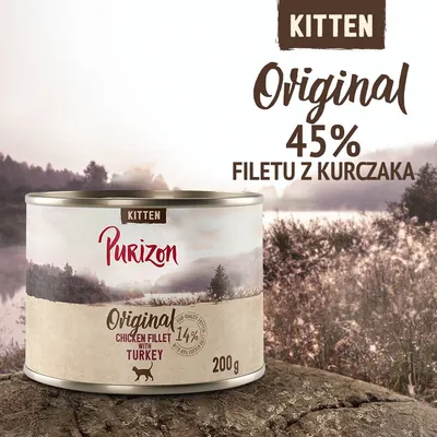 Purizon Kitten Original, 45% filetu z kurczaka, puszka 200 g. Widoczny napis: chicken fillet with turkey, 14%. Karma dla kociąt.