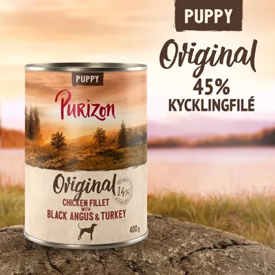 Purizon Puppy Original 400 g, 45 % kycklingfilé, chicken fillet with black angus & turkey. Text: PUPPY, Original, 14 %. Bild på konservburk med landskap i bakgrunden.