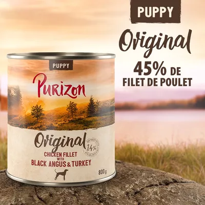Purizon Puppy Original, 800 g, 45 % de filet de poulet. Texte visible : Chicken fillet with Black Angus & Turkey, 14 %. Emballage métallique. Purizon Puppy Original, 800 g, 45 % de filet de poulet. Texte visible : Chicken fillet with Black Angus & Turkey, 14 %. Emballage métallique.