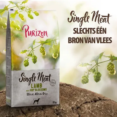 Purizon Single Meat Lamb with Hop Blossoms, 12 kg. Slechts één bron van vlees. 55% lam, 45% groenten & fruit, 0% granen. Tekst: Single Meat, slechts één bron van vlees. Purizon Single Meat Lamb with Hop Blossoms, 12 kg. Slechts één bron van vlees. 55% lam, 45% groenten & fruit, 0% granen. Tekst: Single Meat, slechts één bron van vlees.