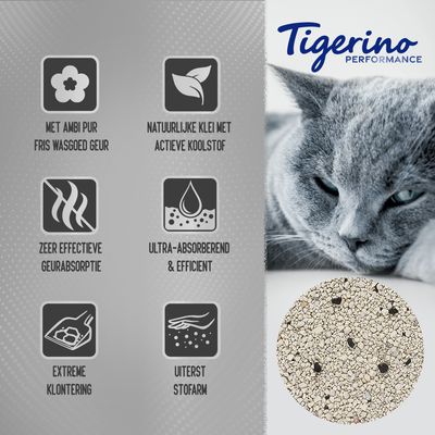 Tigerino Performance kattenbakvulling. Met Ambi Pur fris wasgoed geur, natuurlijke klei met actieve koolstof, zeer effectieve geurabsorptie, ultra-absorberend, extreme klontering, uiterst stofarm.