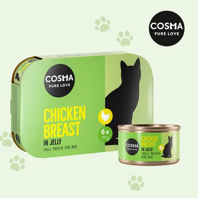 Cosma Pure Love Chicken Breast in Jelly, Single Protein, Pure Meat, 6 x 170g. Grünes Verpackungsdesign mit Katzenmotiv. Cosma Pure Love Chicken Breast in Jelly, Single Protein, Pure Meat, 6 x 170g. Grünes Verpackungsdesign mit Katzenmotiv.