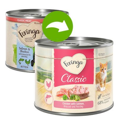 Deux boîtes Feringa Classic pour chaton, saveurs visibles : poulet avec saumon, brocoli et persil ; saumon & poulet avec brocoli et persil. Texte en anglais sur les étiquettes.