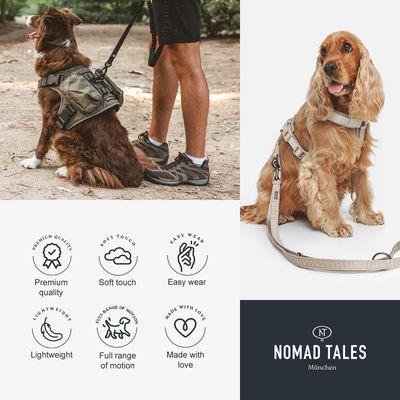 Arnés para perro en uso, dos perros con arnés y correa. Texto visible: Premium quality, Soft touch, Easy wear, Lightweight, Full range of motion, Made with love. Marca: NOMAD TALES München.