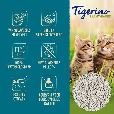 Tigerino Plant-Based kattenbakvulling: van sojavezels en zetmeel, snel klonterend, 100% wateroplosbaar, niet plakkende pellets, extreem stofarm, geurvrij voor geurgevoelige katten.