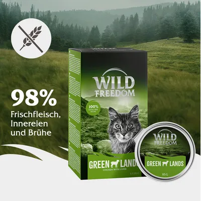 Wild Freedom Green Lands, 98% Frischfleisch, Innereien und Brühe, 100% getreidefrei, Chicken with Lamb, 6 x 85g.