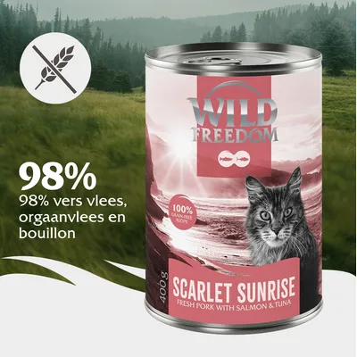 Wild Freedom Scarlet Sunrise kattenvoer 400g, 98% vers vlees, orgaanvlees en bouillon, 100% graanvrij recept. Tekst: 'Fresh pork with salmon & tuna'.