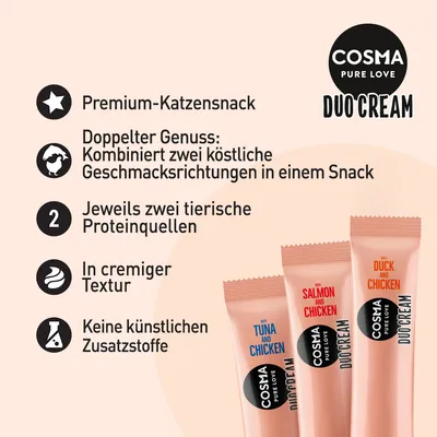 Cosma Duo Cream Premium-Katzensnack. Doppelter Genuss: Zwei Geschmacksrichtungen, zwei tierische Proteinquellen, cremige Textur, keine künstlichen Zusatzstoffe. Sorten: Tuna & Chicken, Salmon & Chicken, Duck & Chicken.