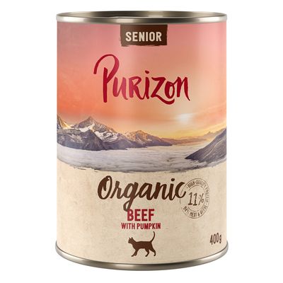 Purizon Organic Salmon & Chicken with Spinach, 13 % kött, 400 g. Text: Organic, Ekologisk kvalitet. Bild på konservburk mot naturbakgrund.