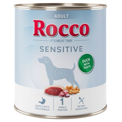 Rocco Sensitive Nassfutter für Hunde, Sorte Chicken & Potatoes, Single Protein, Huhn und Kartoffeln. Auf der Dose ist ein Hundesymbol abgebildet.