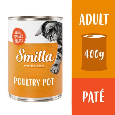 Konzerva Smilla Poultry Pot, 400 g, s nápisy WITH POULTRY HEARTS, CONTAINS TAURINE, GRAIN-FREE a oranžovým štítkem Zkušební balení.