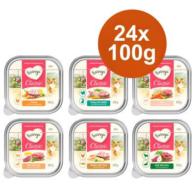 Feringa Classic Adult Mixpaket, 24 x 100g: Sorten Poultry, Turkey with Rabbit, Veal, Veal with Duck, Chicken with Trout, Lamb with Duck. Verschiedene Fleischsorten sichtbar.