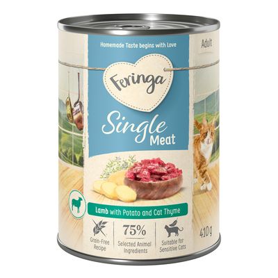 Feringa Single Meat Adult. Duck with cottage cheese and valerian, grain-free recipe, 75% selected animal ingredients.
