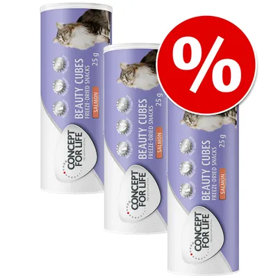 Three tubes of Concept for Life Beauty Cubes Freeze-Dried Snacks Salmon 25g with a red percentage discount symbol. Visible cat image and product branding on packaging.