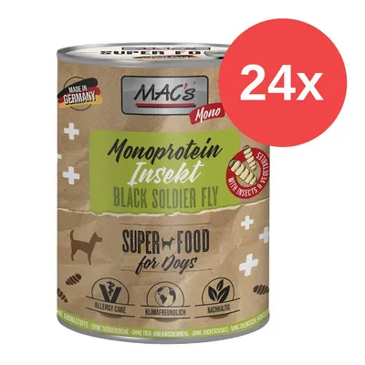 MAC's Mono Superfood dla psów, monobiałkowy Insekt Black Soldier Fly, wyprodukowany w Niemczech, odpowiedni dla alergików, przyjazny dla klimatu, zrównoważony, bez dodatku cukru. Opakowanie 24 puszek.