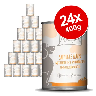 Pack of 24 tins, each 400g. Label shows chicken with duck, carrots and cooked millet. Gluten-free and high meat content indicated on packaging.