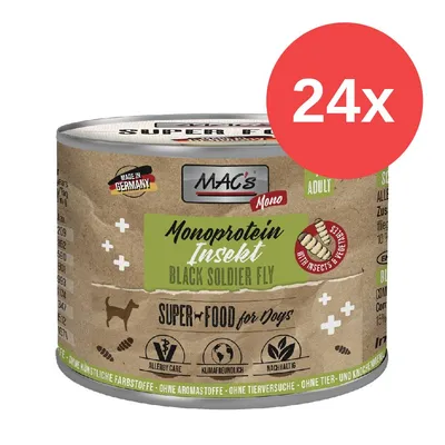 MAC's Mono Insekt Black Soldier Fly, superalimento para perros, hecho en Alemania, sin colorantes artificiales, sin pruebas en animales, 24 latas. MAC's Mono Insekt Black Soldier Fly, superalimento para perros, hecho en Alemania, sin colorantes artificiales, sin pruebas en animales, 24 latas.