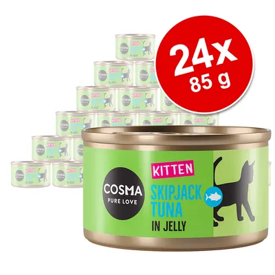 Lot de 24 boîtes Cosma Pure Love Kitten Skipjack Tuna in Jelly, 85 g chacune. Texte visible : KITTEN, COSMA PURE LOVE, SKIPJACK TUNA IN JELLY.