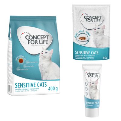 Concept for Life Sensitive Cats macskaeledel csomag, látható: száraz táp, alutasakos eledel és paszta, fehér macskával, nagy százalékjel akcióhoz.