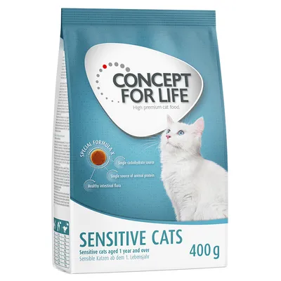 Concept for Life Sensitive Cats, 400 g. Posebna formula: en sam vir ogljikovih hidratov, en sam vir živalskih beljakovin, zdrava črevesna flora. Za občutljive mačke od 1. leta dalje. Concept for Life Sensitive Cats, 400 g. Posebna formula: en sam vir ogljikovih hidratov, en sam vir živalskih beljakovin, zdrava črevesna flora. Za občutljive mačke od 1. leta dalje.