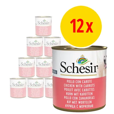 Schesir Pollo con Carote, confezione da 12 lattine. Testo visibile: pollo con carote in più lingue sulla lattina.