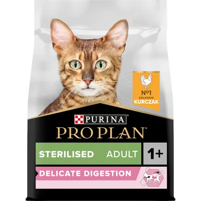 Purina Pro Plan Sterilised Adult 1+ Delicate Digestion, No1 składnik kurczak. Opakowanie z wizerunkiem kota.