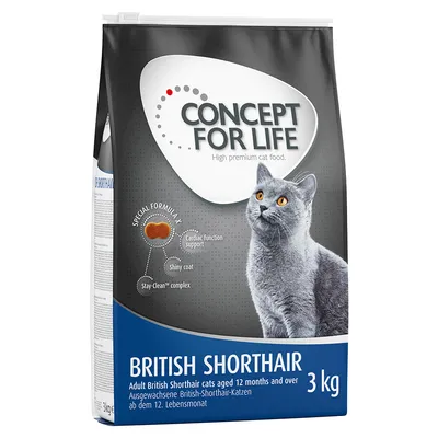 Sac de croquettes Concept for Life British Shorthair 3 kg, mentions visibles : cardiac function support, shiny coat, Stay-Clean complex. Pour chats British Shorthair adultes.