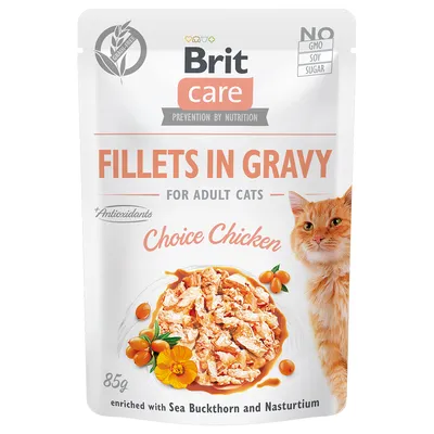 Brit Care Fillets in Gravy pentru pisici adulte, Choice Chicken, 85g. Fără GMO, soia, zahăr. Îmbogățit cu cătină și nasturtium. Imagine cu fileuri de pui în sos și o pisică portocalie.