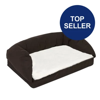 Hundebett mit braunem Rand und weißer Liegefläche. Blauer Kreis mit Text 'Top Seller'. Hundebett mit braunem Rand und weißer Liegefläche. Blauer Kreis mit Text 'Top Seller'.