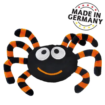 Plysdyr i edderkoppeform med orange-sorte striber og smilende ansigt. Tekst: Made in Germany.