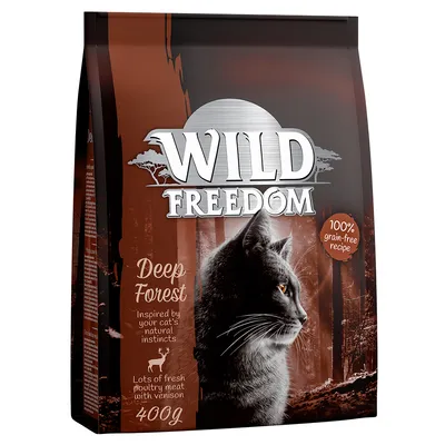Wild Freedom Deep Forest kissanruoka, 400 g. Teksti: 100% grain-free recipe, lots of fresh poultry meat with venison, inspired by your cat's natural instincts.