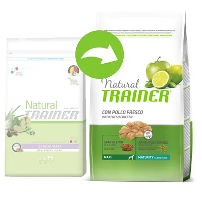 Pungi de hrană pentru câini Natural Trainer. Text vizibil: 'Natural Trainer', 'CON POLLO FRESCO WITH FRESH CHICKEN', 'SEMI DI LINO FLAX SEED', 'ARTIGLIO DEL DIAVOLO DEVIL'S CLAW', 'MAXI', 'MATURITY'. Pungi de hrană pentru câini Natural Trainer. Text vizibil: 'Natural Trainer', 'CON POLLO FRESCO WITH FRESH CHICKEN', 'SEMI DI LINO FLAX SEED', 'ARTIGLIO DEL DIAVOLO DEVIL'S CLAW', 'MAXI', 'MATURITY'.