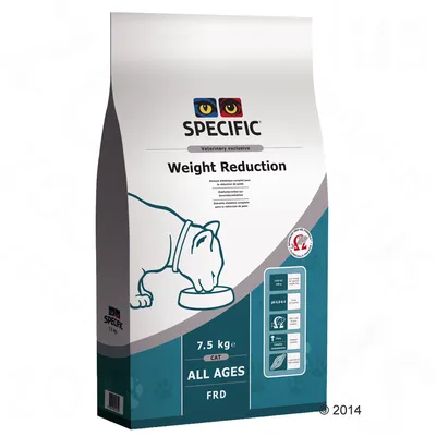 Корм для кошек SPECIFIC Weight Reduction, 7,5 кг, для всех возрастов. Видна схема с иконками и надписями, текст на английском языке.