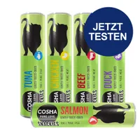 Cosma Snackies, gefriergetrocknet: Sorten Tuna, Chicken, Beef, Duck und Salmon. 100% reiner Fisch oder Fleisch. Jetzt testen.